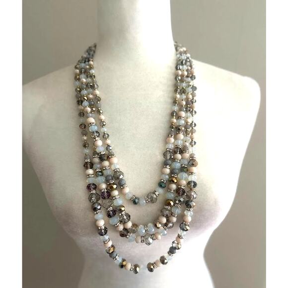 4 Strands Multi Color Crystal Beaded Bead Statement Necklace Gold Blue Ivory - Picture 1 of 8